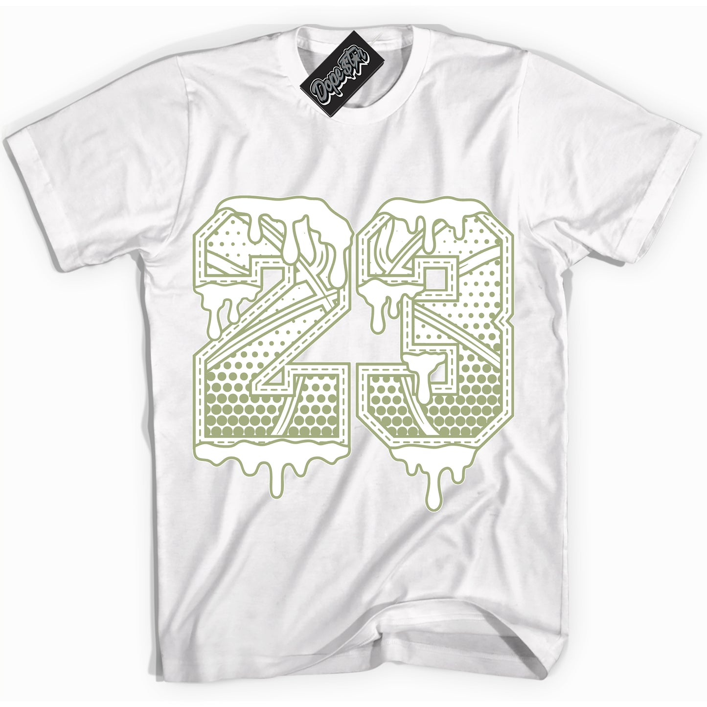 Cool White Shirt with “23 Ball” design that perfectly matches Safari Oil Green Dunk.