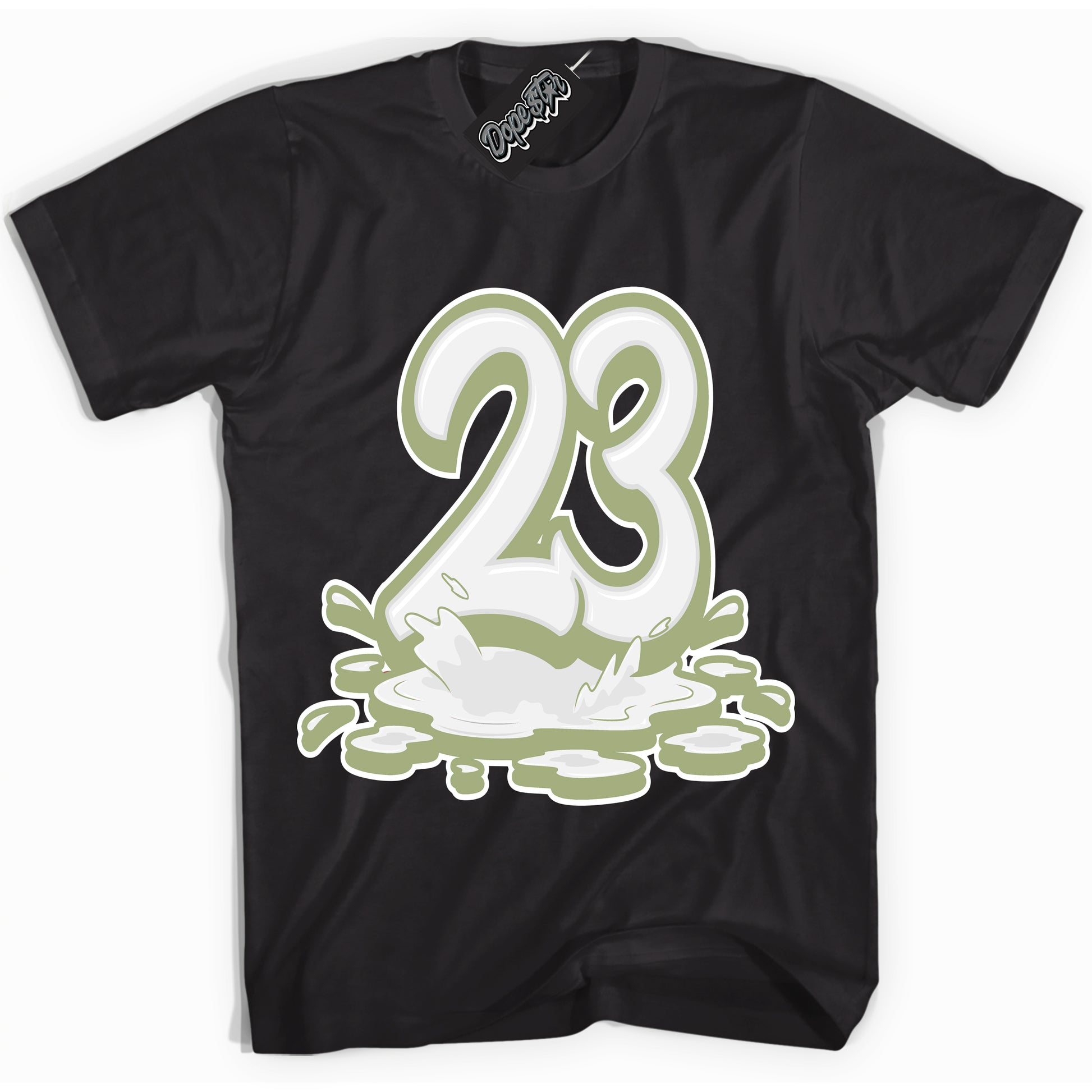 Cool Black Shirt with “23 Melting” design that perfectly matches Safari Oil Green Dunk.