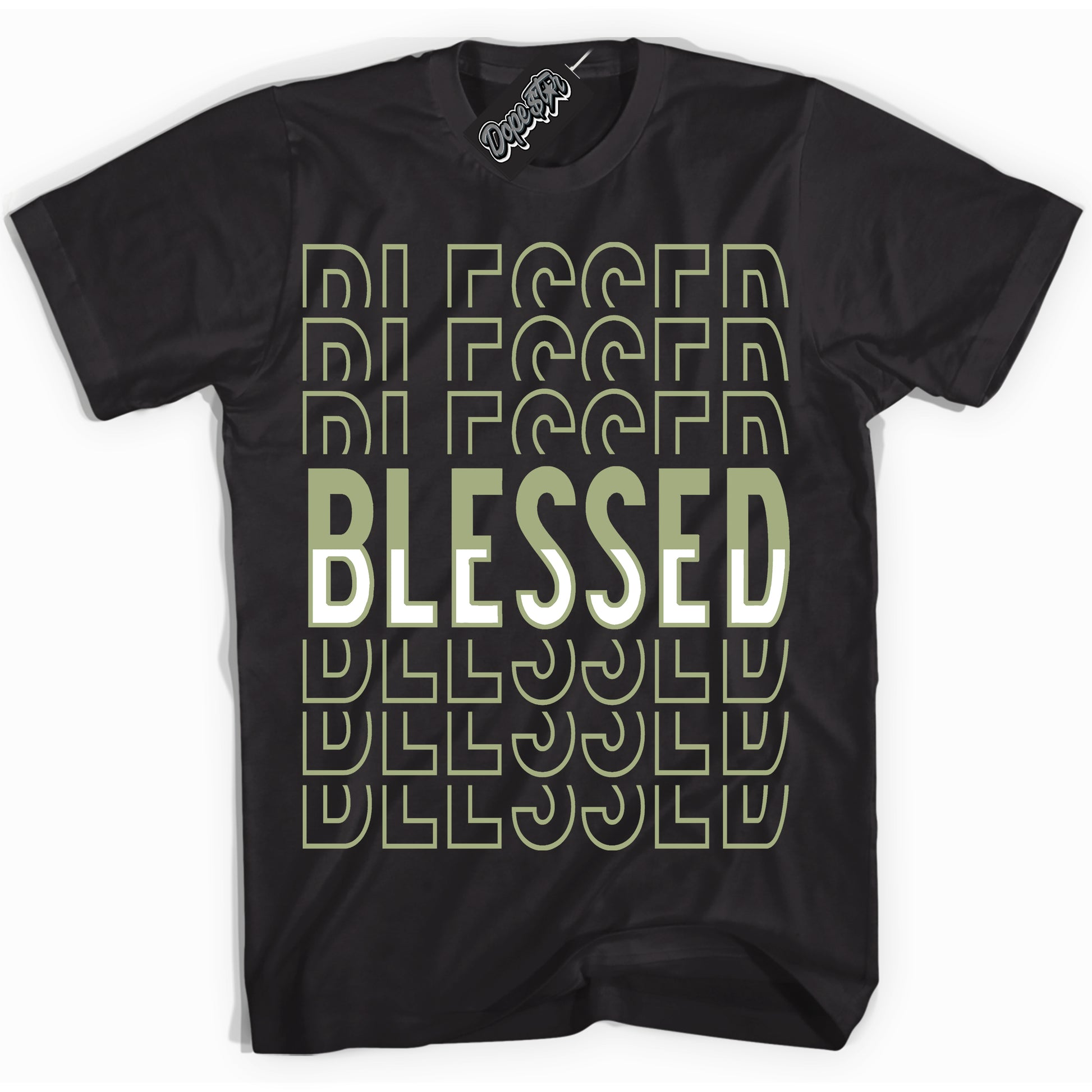Cool Black Shirt with “Blessed Stacked” design that perfectly matches Safari Oil Green Dunk.