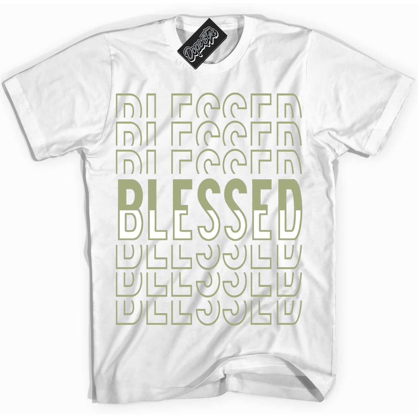Cool White Shirt with “Blessed Stacked” design that perfectly matches Safari Oil Green Dunk.