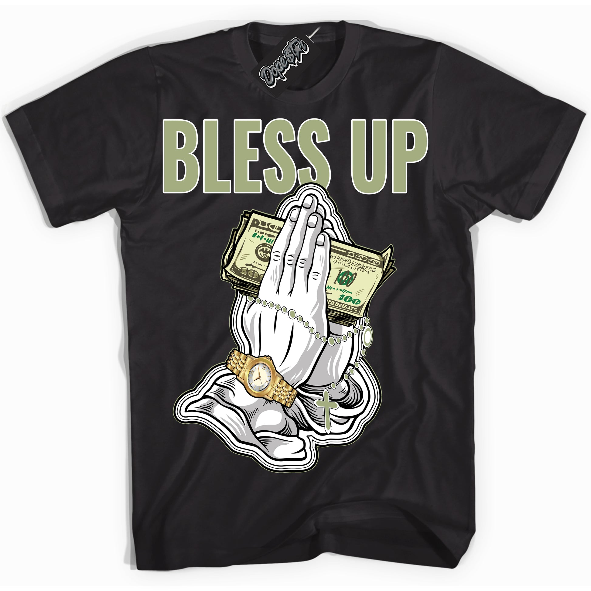 Cool Black Shirt with “Bless Up” design that perfectly matches Safari Oil Green Dunk.