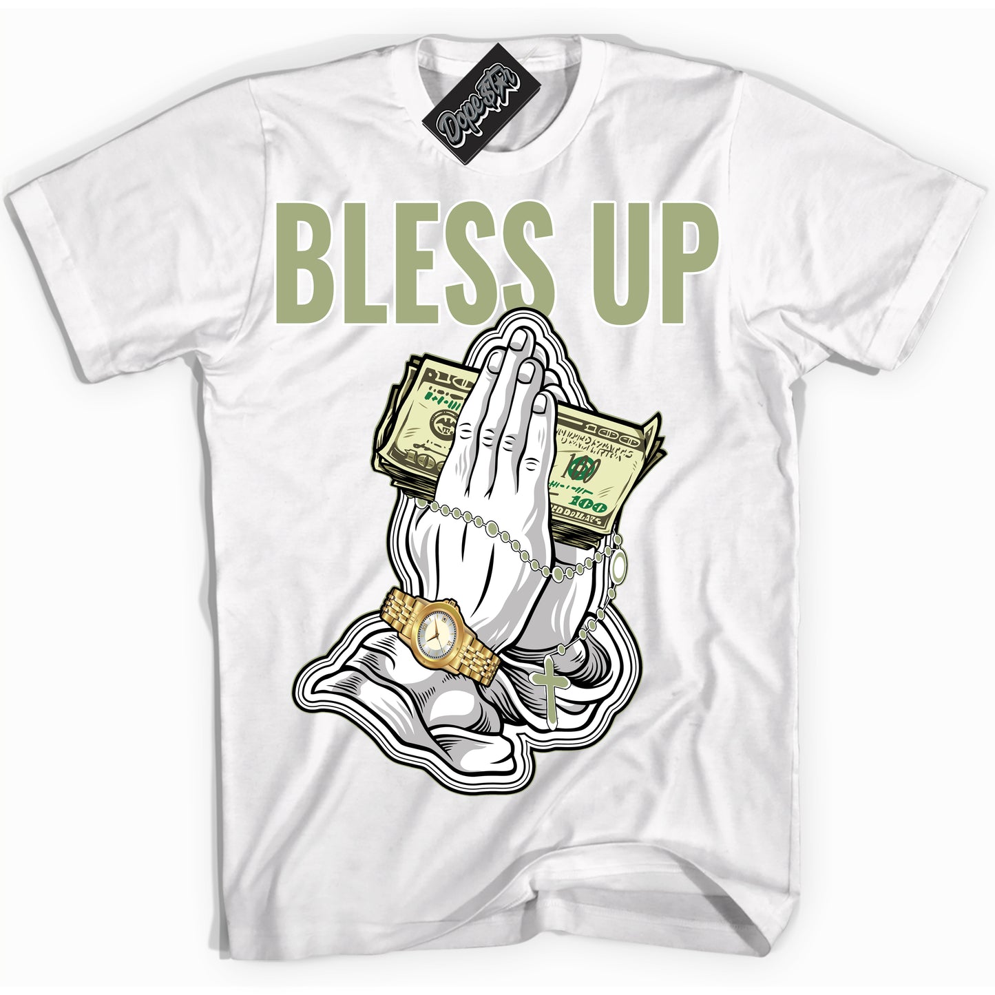Cool White Shirt with “Bless Up” design that perfectly matches Safari Oil Green Dunk.