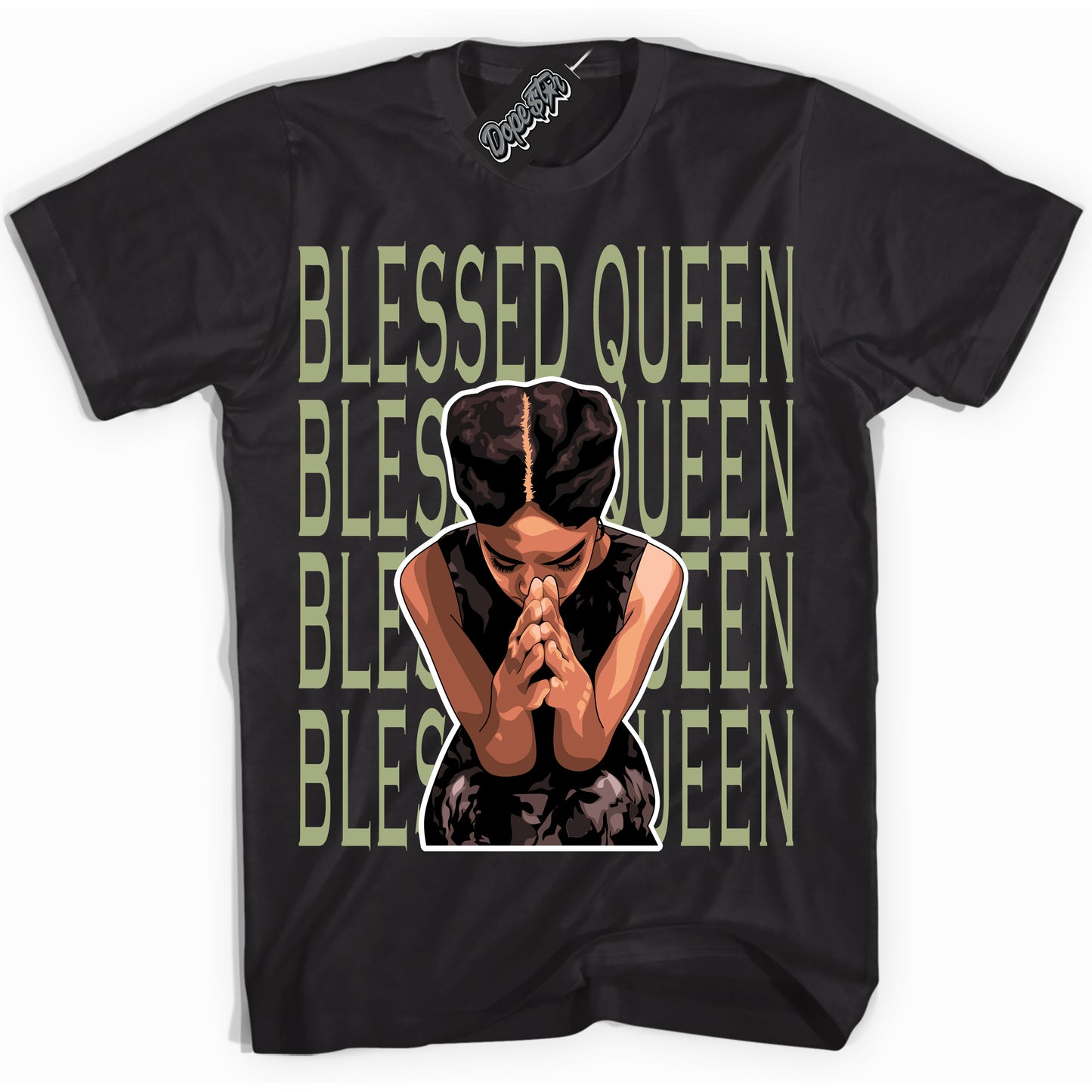 Cool Black Shirt with “Blessed Queen” design that perfectly matches Safari Oil Green Dunk.