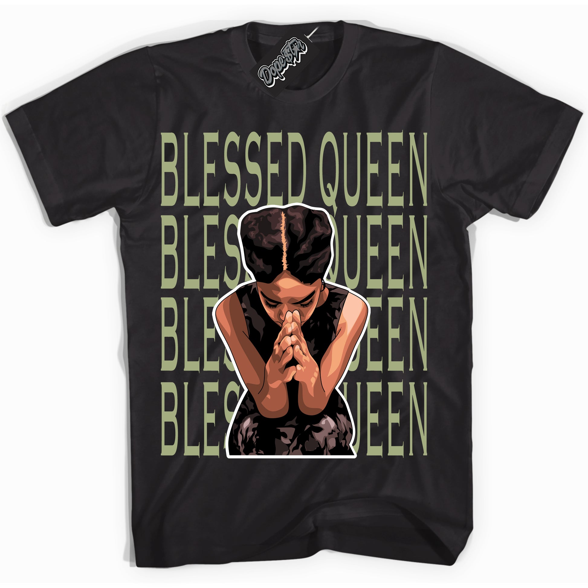 Cool Black Shirt with “Blessed Queen” design that perfectly matches Safari Oil Green Dunk.