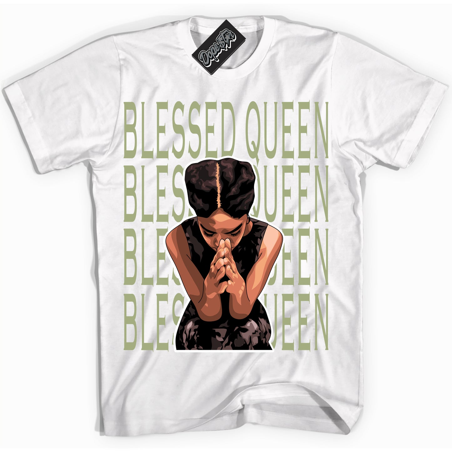 Cool White Shirt with “Blessed Queen” design that perfectly matches Safari Oil Green Dunk.