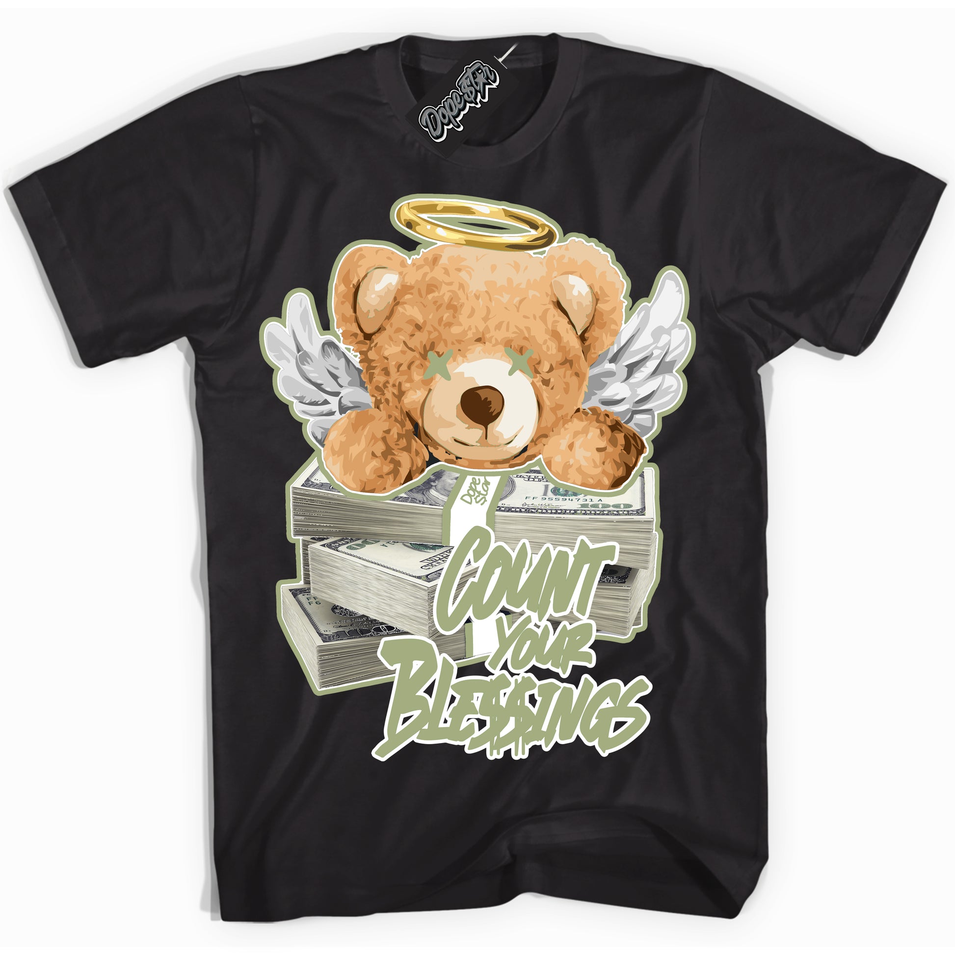 Cool Black Shirt with “Count Your Blessings” design that perfectly matches Safari Oil Green Dunk.