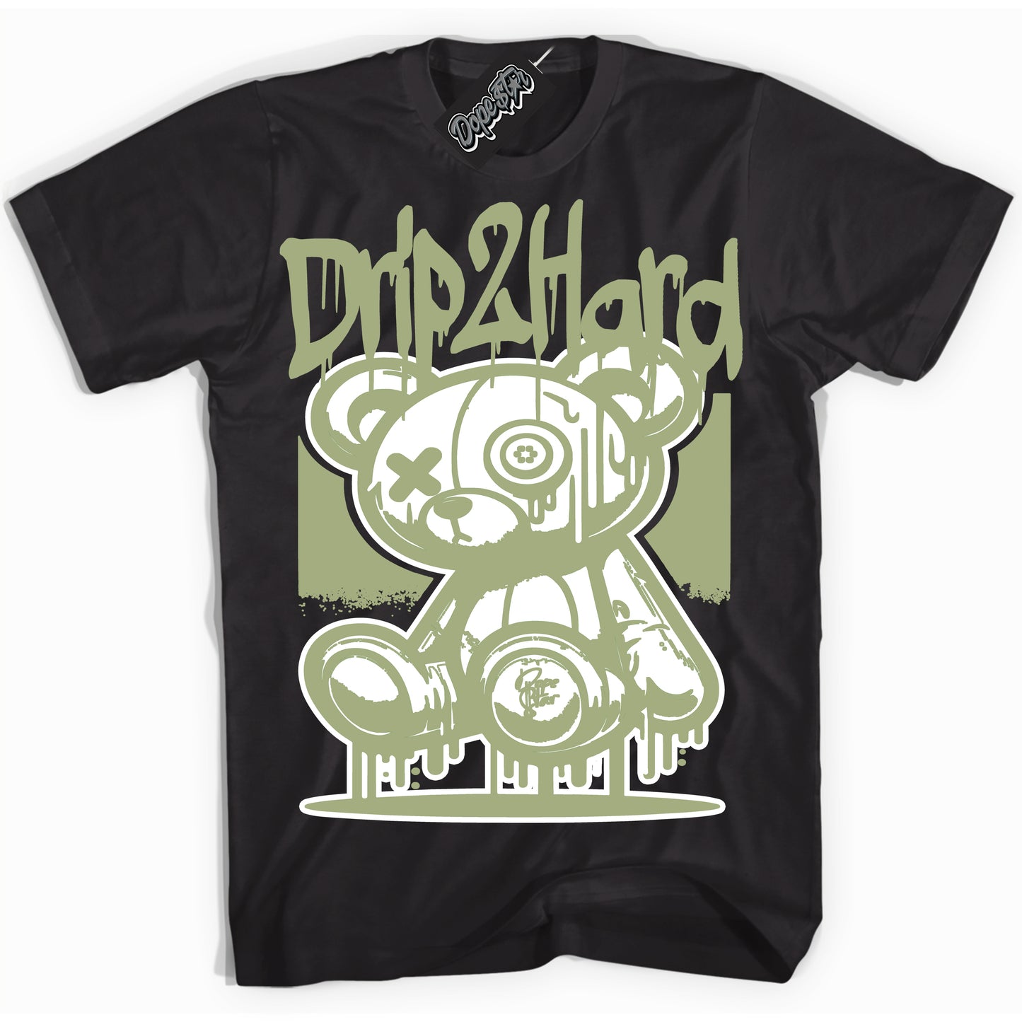 Cool Black Shirt with “Drip 2 Hard” design that perfectly matches Safari Oil Green Dunk.