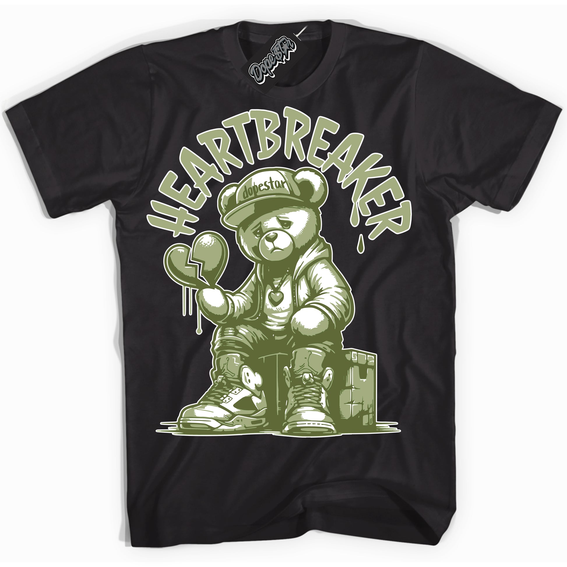 Cool Black Shirt with “Heartbreaker Bear” design that perfectly matches Safari Oil Green Dunk.