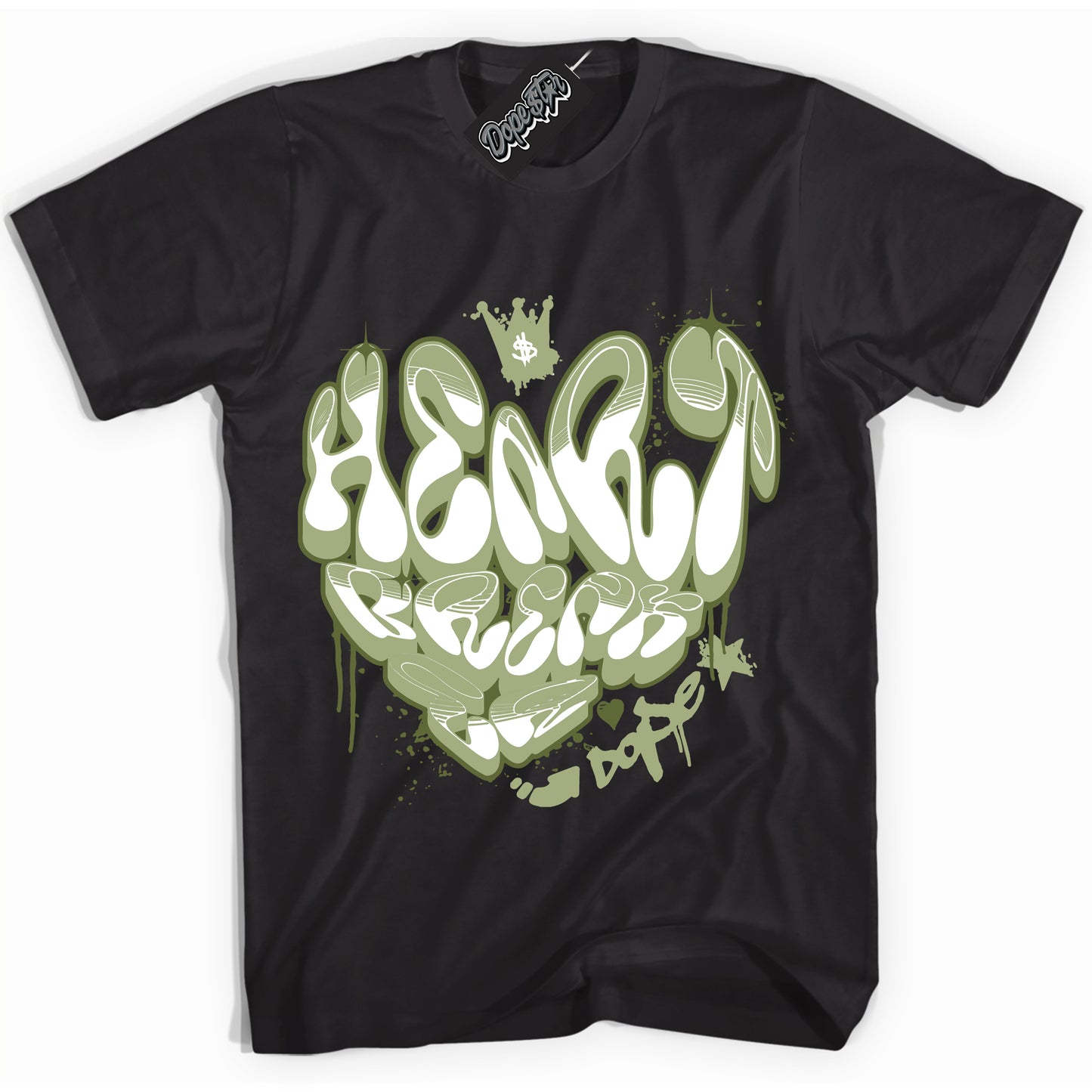 Cool Black Shirt with “Heartbreaker Graffiti” design that perfectly matches Safari Oil Green Dunk.