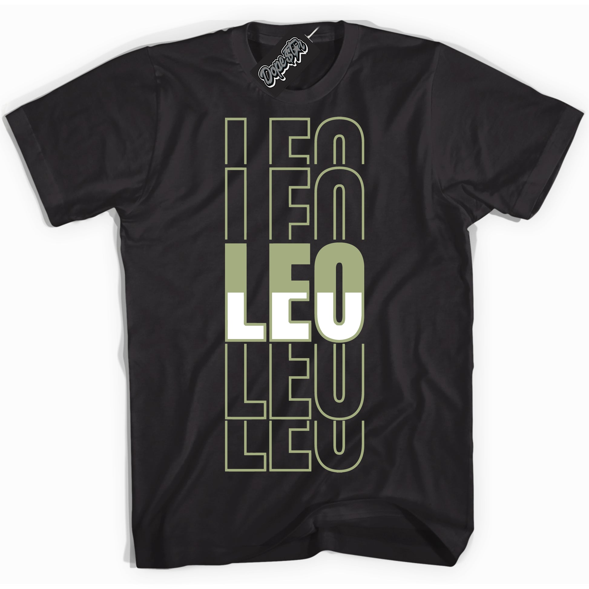 Cool Black Shirt with “Leo” design that perfectly matches Safari Oil Green Dunk.