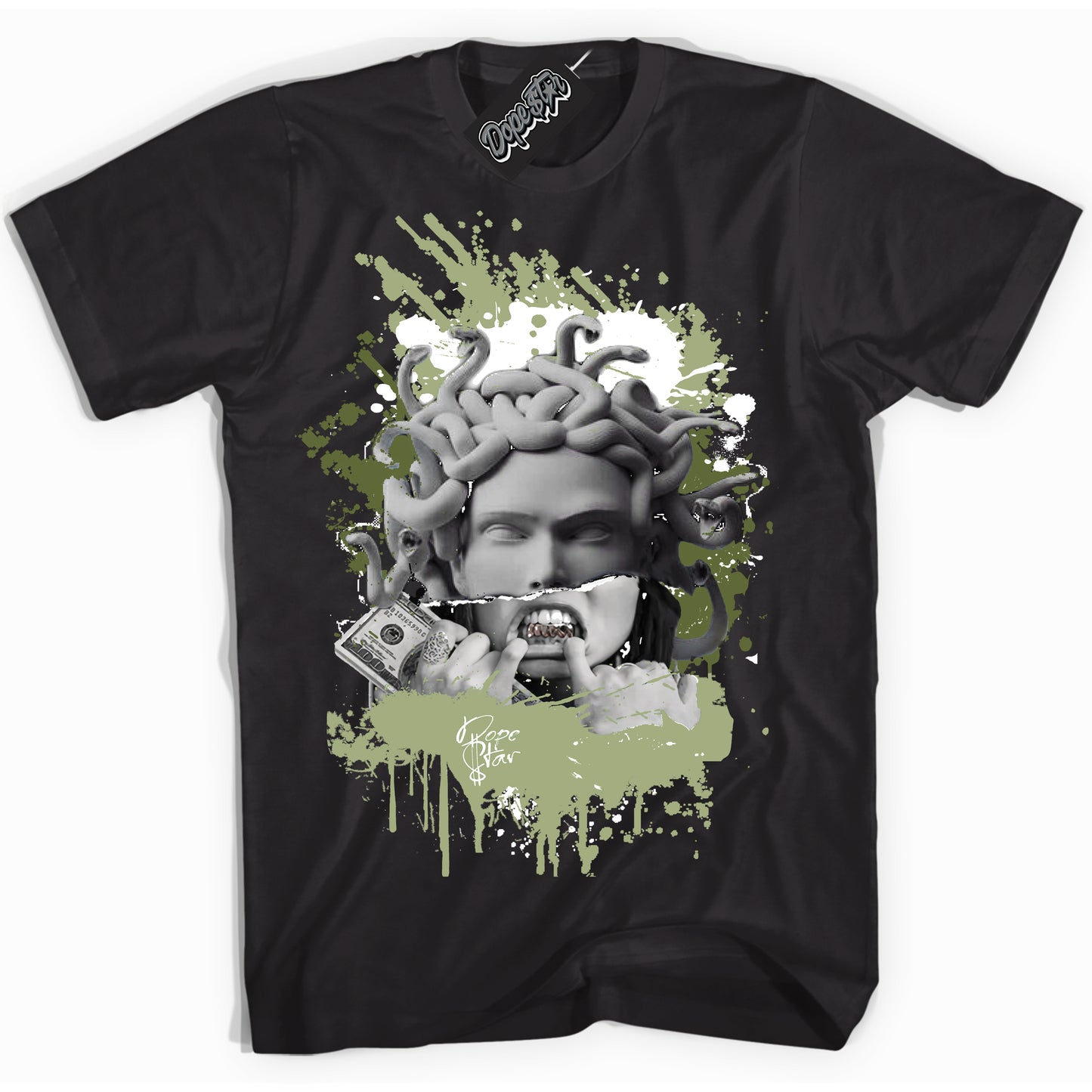 Cool Black Shirt with “Medusa ” design that perfectly matches Safari Oil Green Dunk.