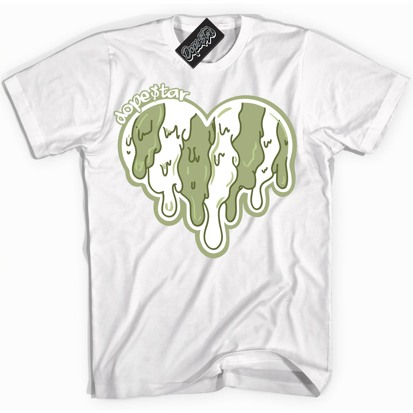 Cool White Shirt with “Melting Heart ” design that perfectly matches Safari Oil Green Dunk.