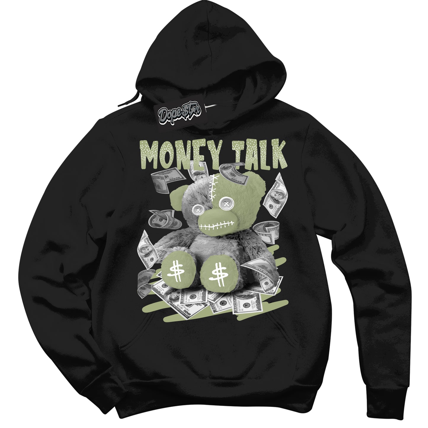 Cool Black Hoodie with “Money Talk Bear” design that Perfectly Matches Safari Oil Green Dunk.