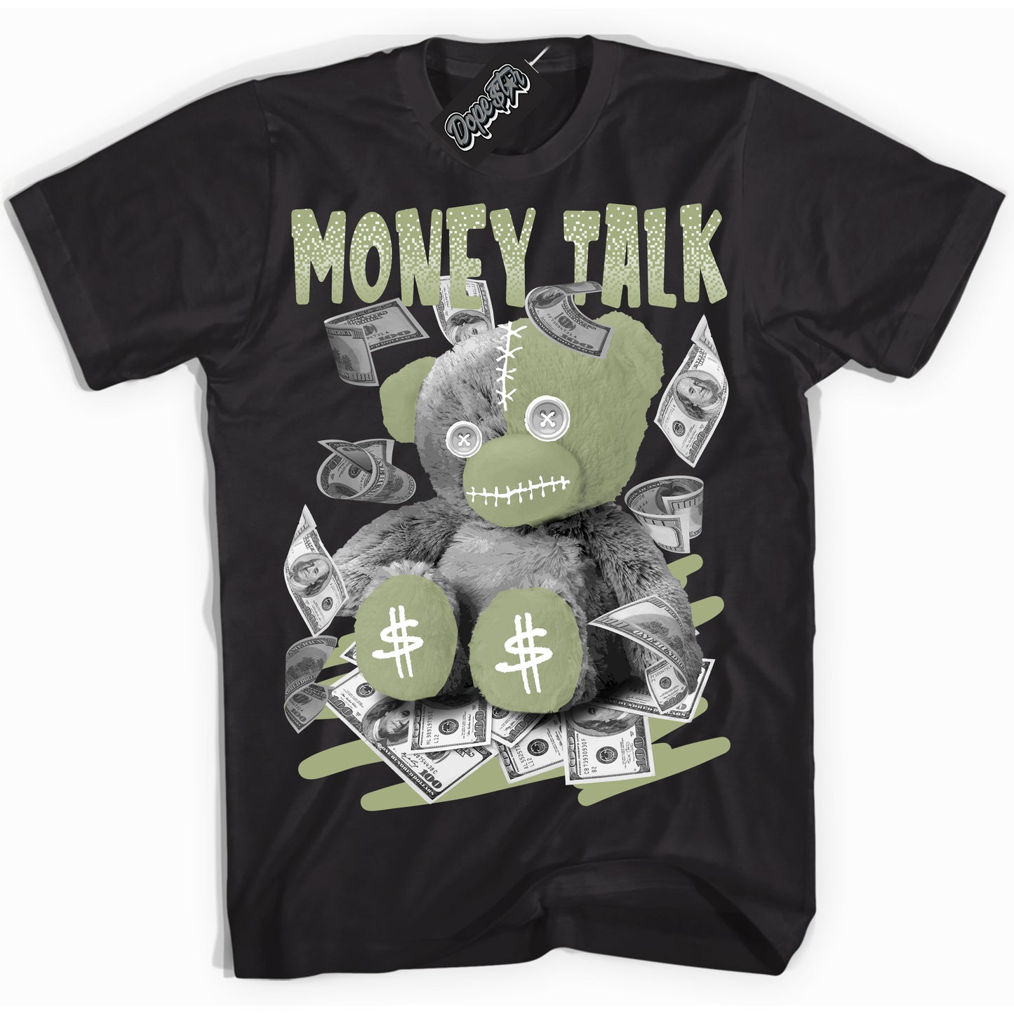 Cool Black Shirt with “Money Talk Bear” design that perfectly matches Safari Oil Green Dunk.