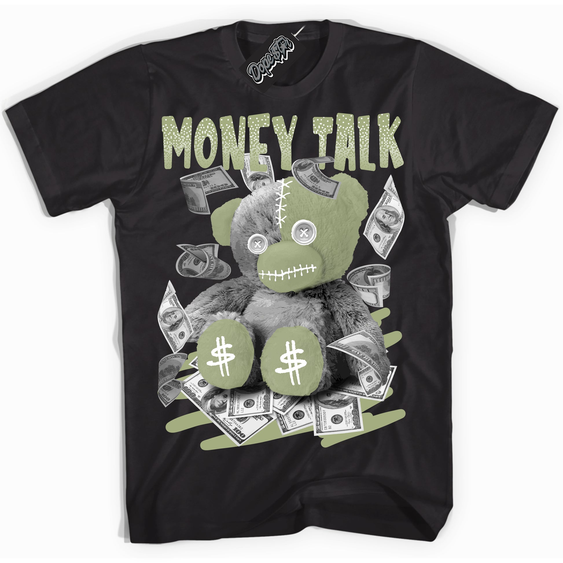 Cool Black Shirt with “Money Talk Bear” design that perfectly matches Safari Oil Green Dunk.