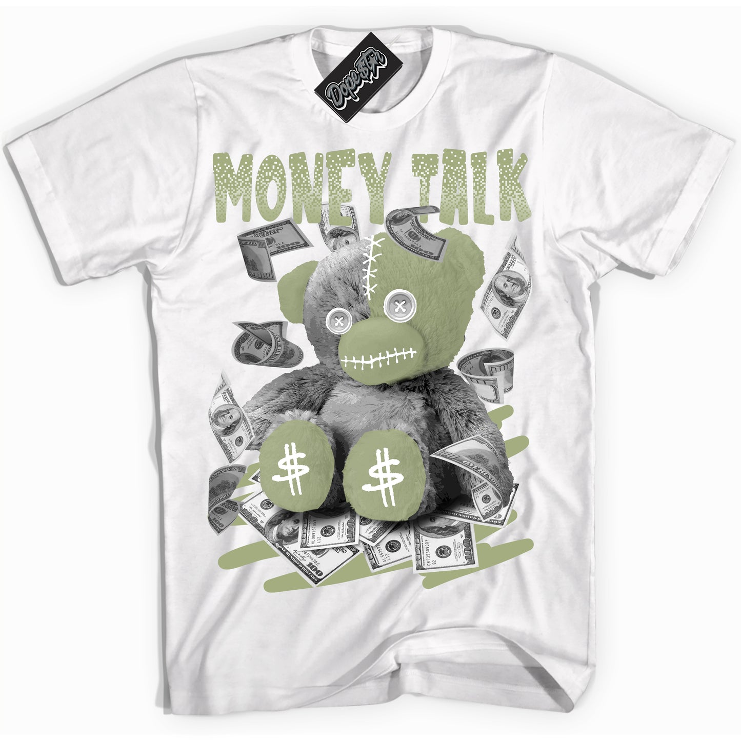 Cool White Shirt with “Money Talk Bear” design that perfectly matches Safari Oil Green Dunk.