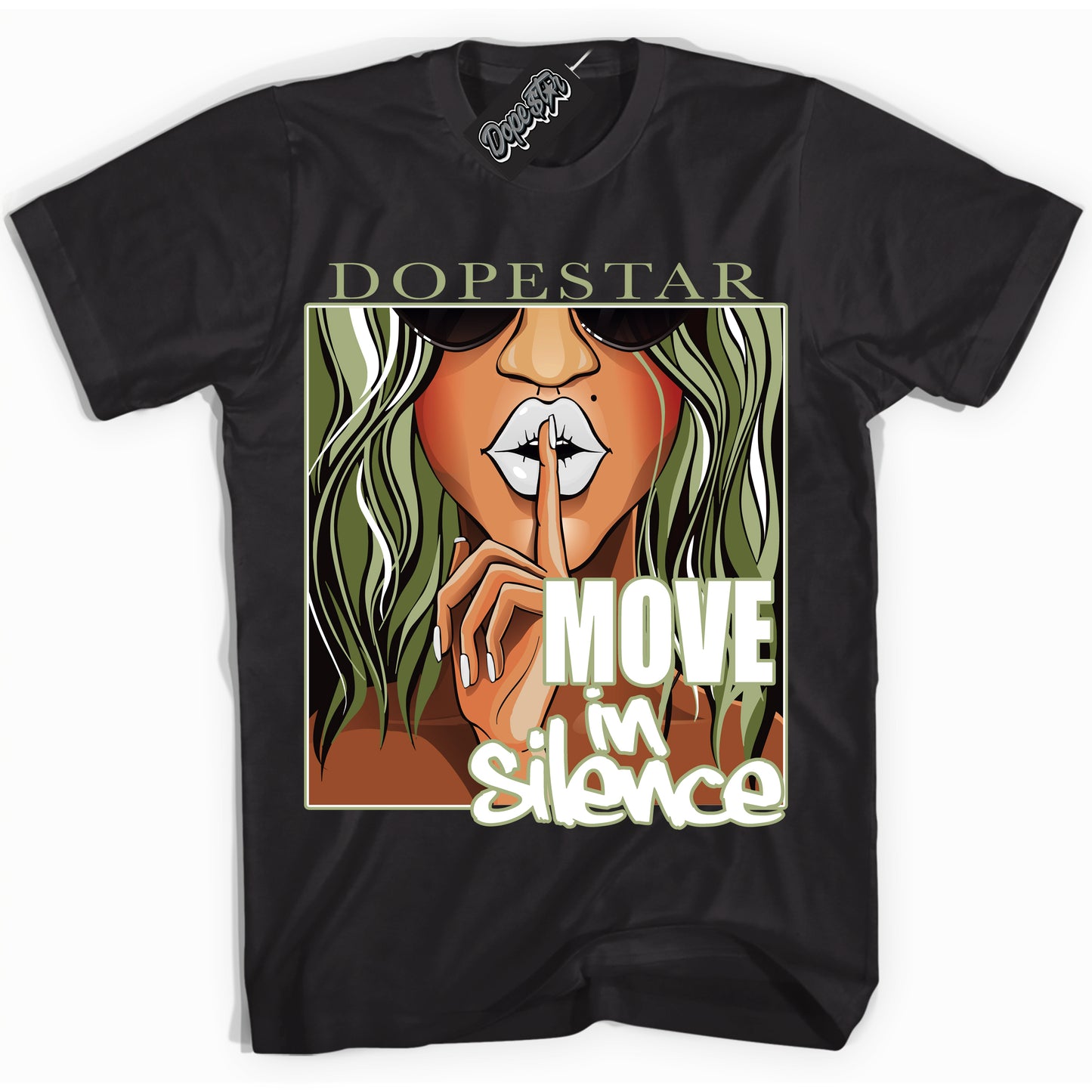 Cool Black Shirt with “Move In Silence” design that perfectly matches Safari Oil Green Dunk.