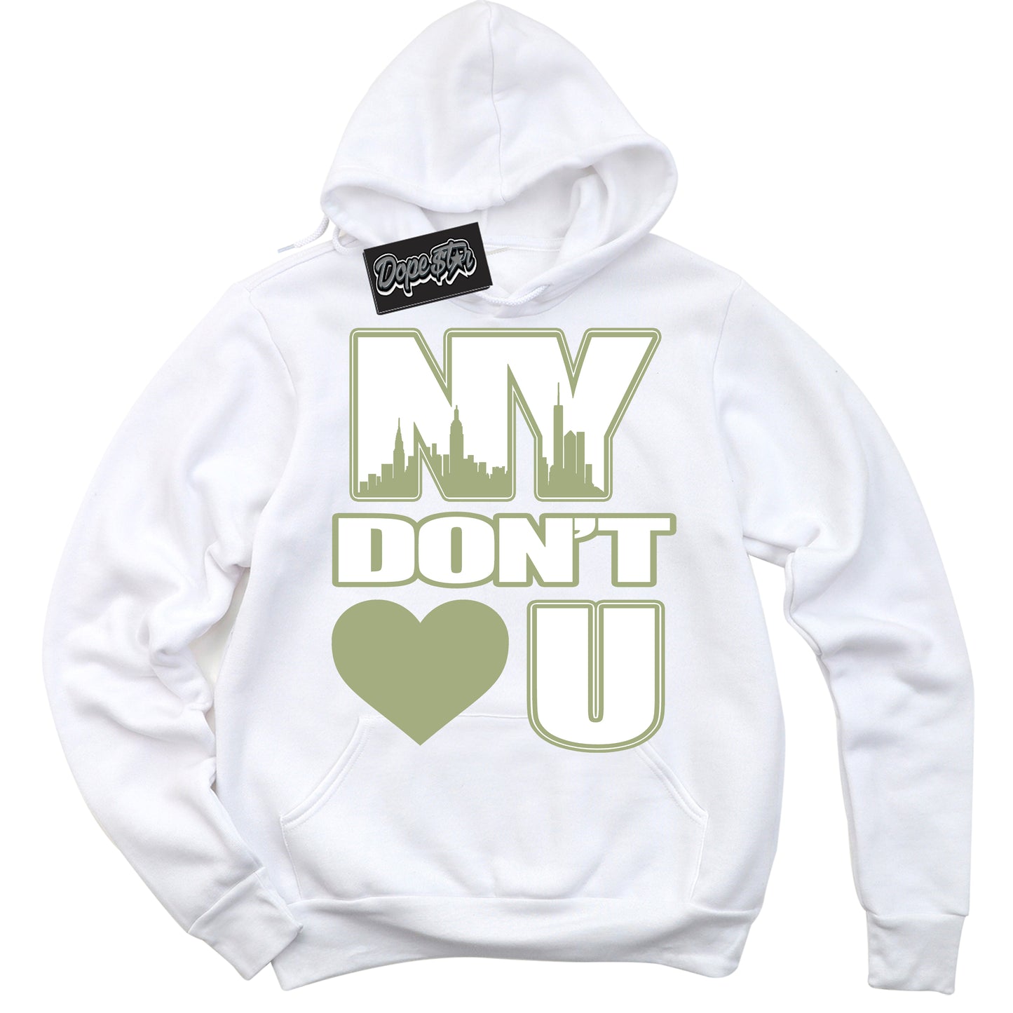 Cool White Hoodie with “NY Don't Love You” design that Perfectly Matches Safari Oil Green Dunk.