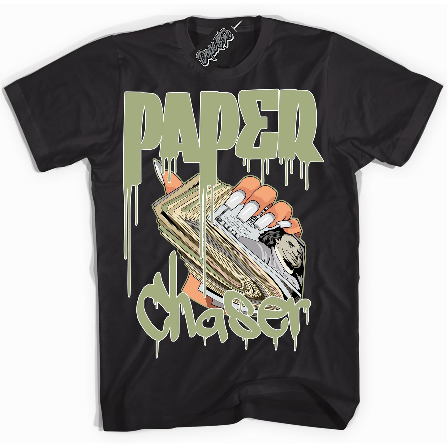 Cool Black Shirt with “Paper Chaser” design that perfectly matches Safari Oil Green Dunk.