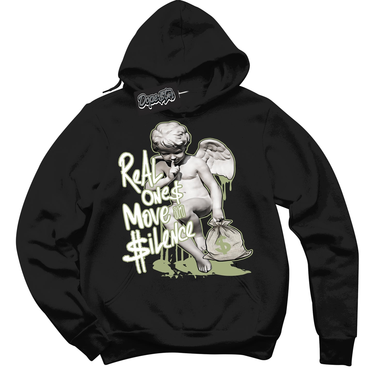 Cool Black Hoodie with “Real Ones Cherub” design that Perfectly Matches Safari Oil Green Dunk.