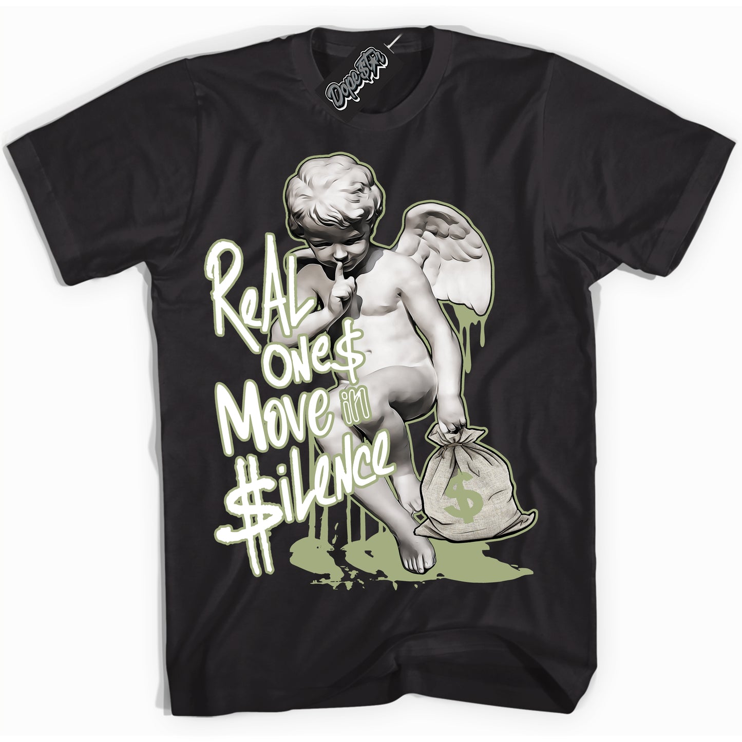 Cool Black Shirt with “Real Ones Cherub” design that perfectly matches Safari Oil Green Dunk.