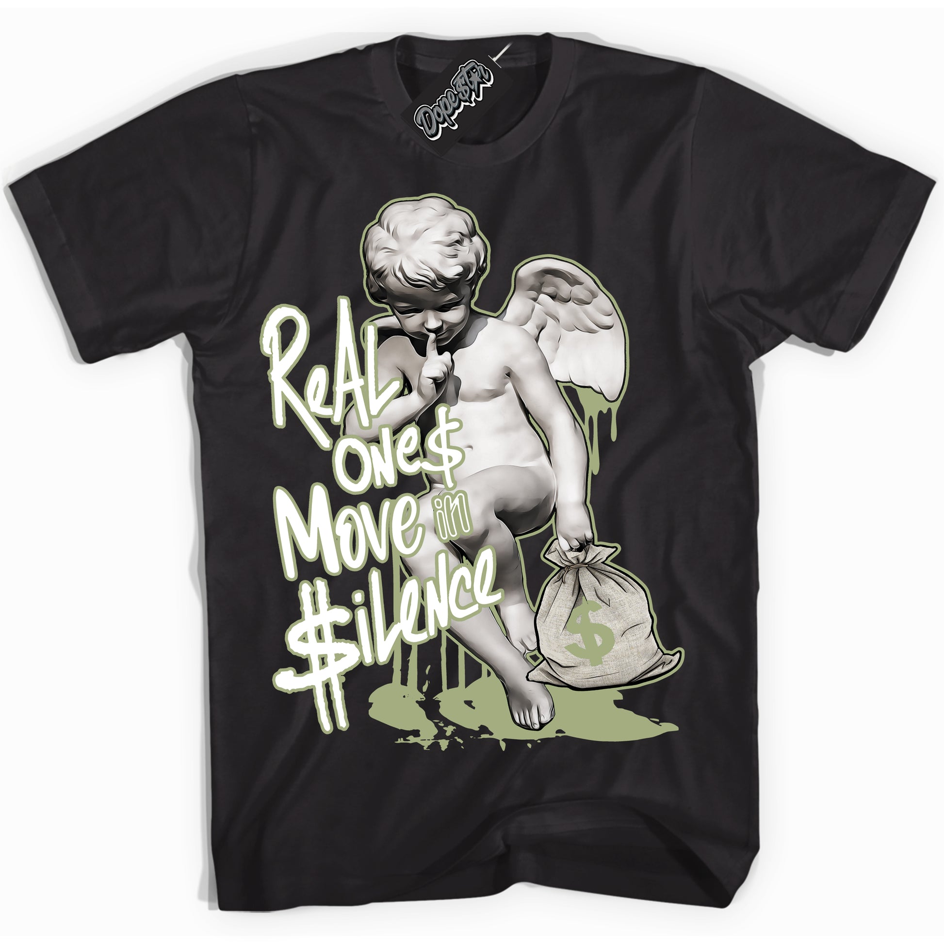 Cool Black Shirt with “Real Ones Cherub” design that perfectly matches Safari Oil Green Dunk.