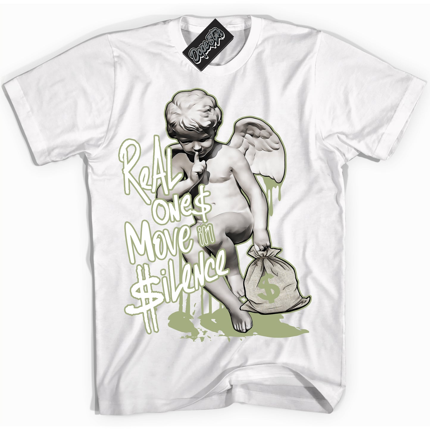 Cool White Shirt with “Real Ones Cherub” design that perfectly matches Safari Oil Green Dunk.