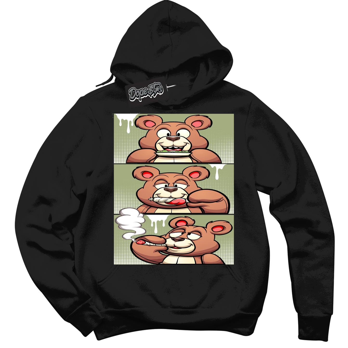 Cool Black Hoodie with “Roll It Lick It Smoke It Bear” design that Perfectly Matches Safari Oil Green Dunk.
