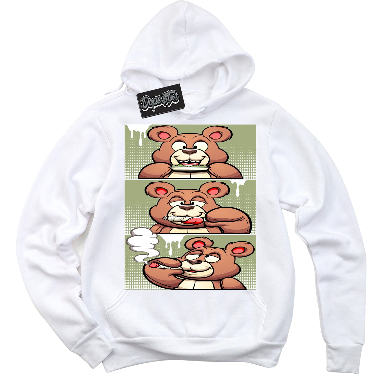 Cool White Hoodie with “Roll It Lick It Smoke It Bear” design that Perfectly Matches Safari Oil Green Dunk.