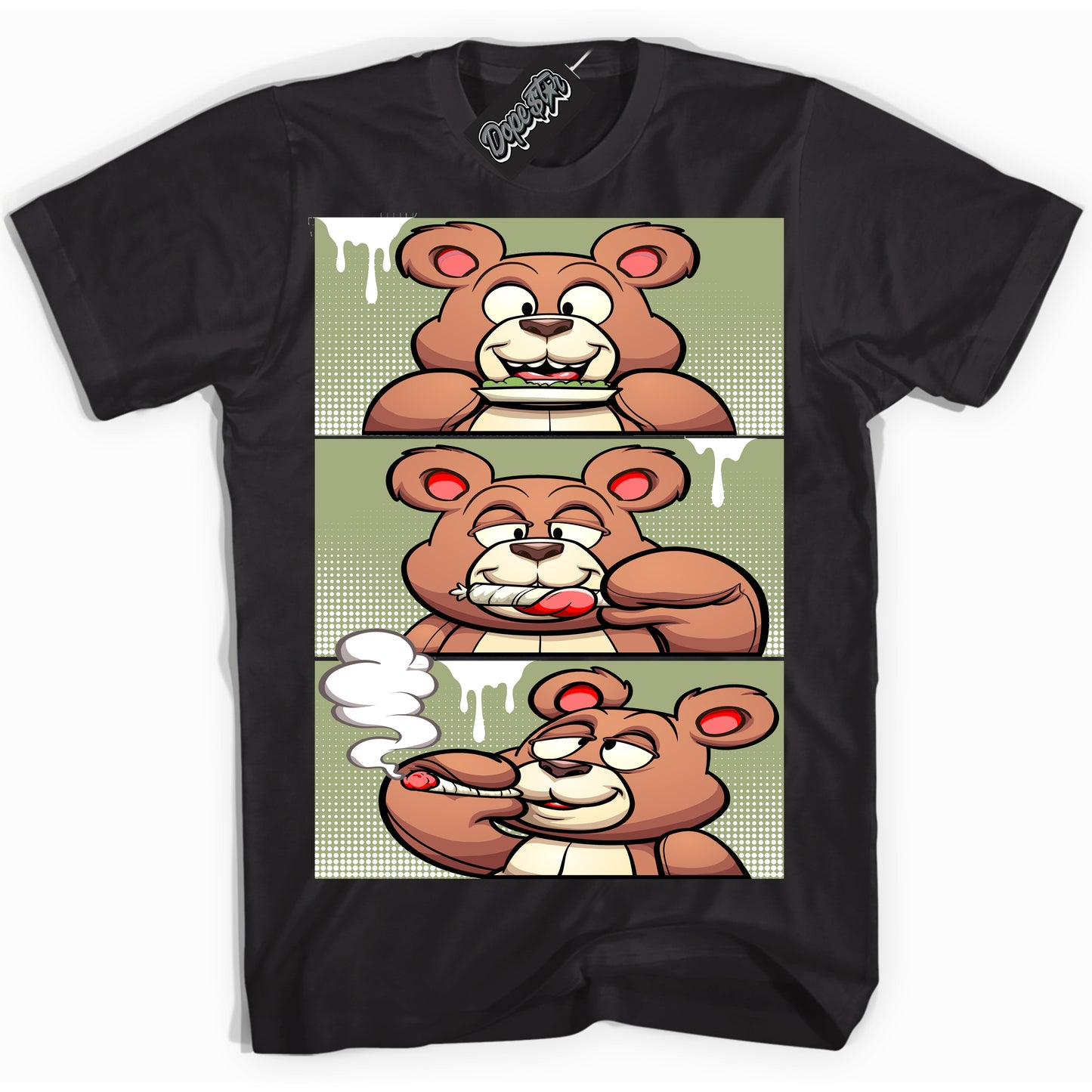Cool Black Shirt with “Roll It Lick It Smoke It Bear” design that perfectly matches Safari Oil Green Dunk.