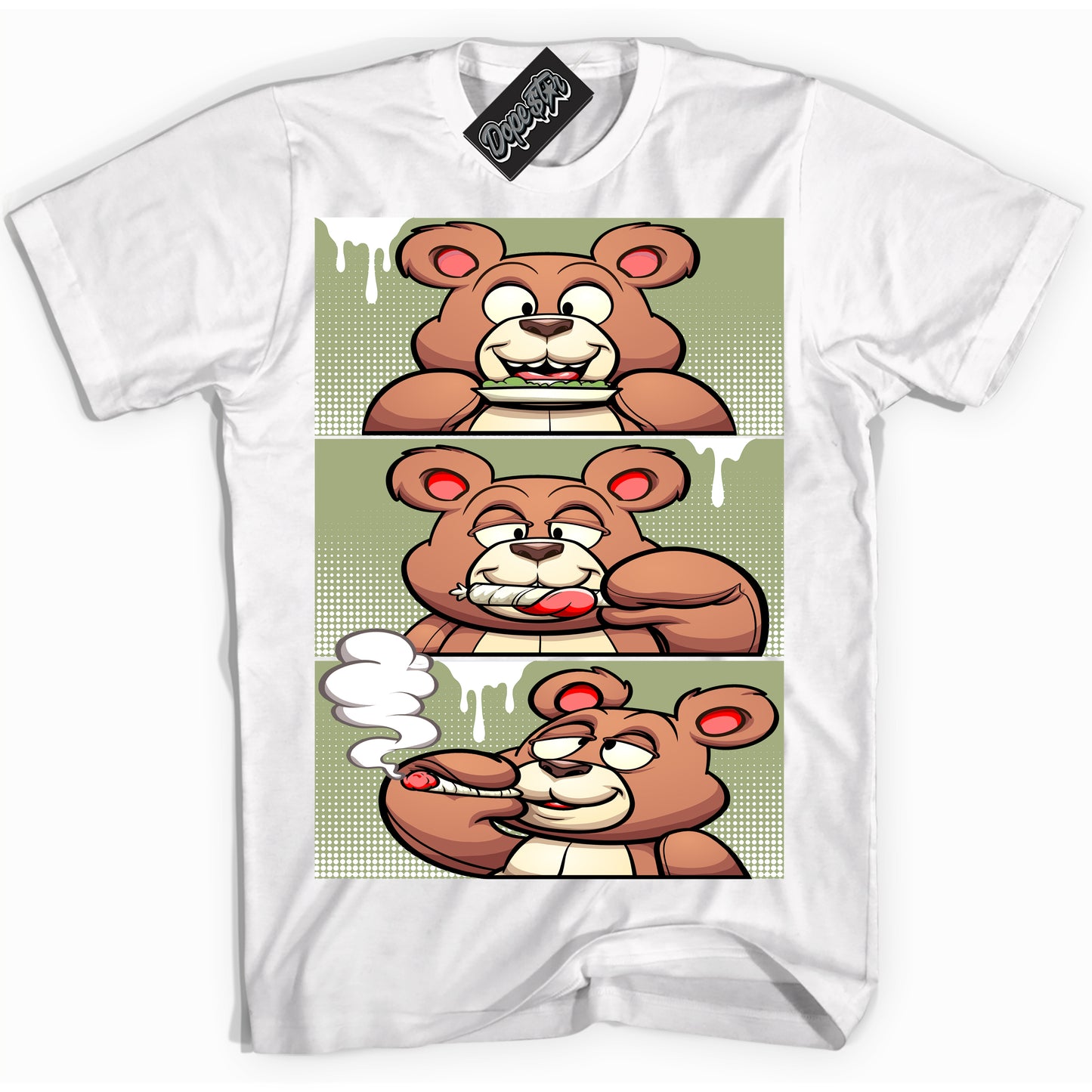 Cool White Shirt with “Roll It Lick It Smoke It Bear” design that perfectly matches Safari Oil Green Dunk.
