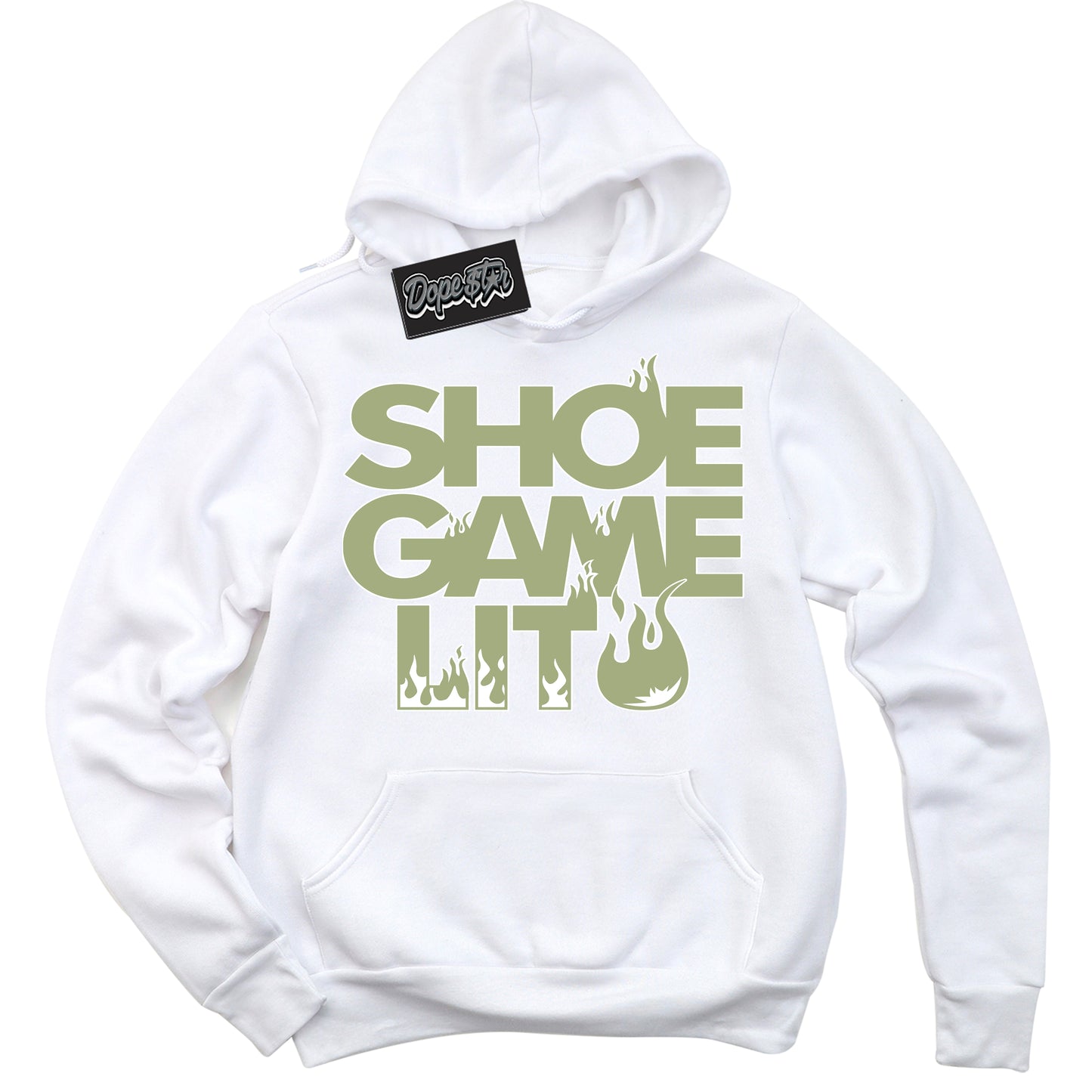 Cool White Hoodie with “Shoe Game Lit” design that Perfectly Matches Safari Oil Green Dunk.