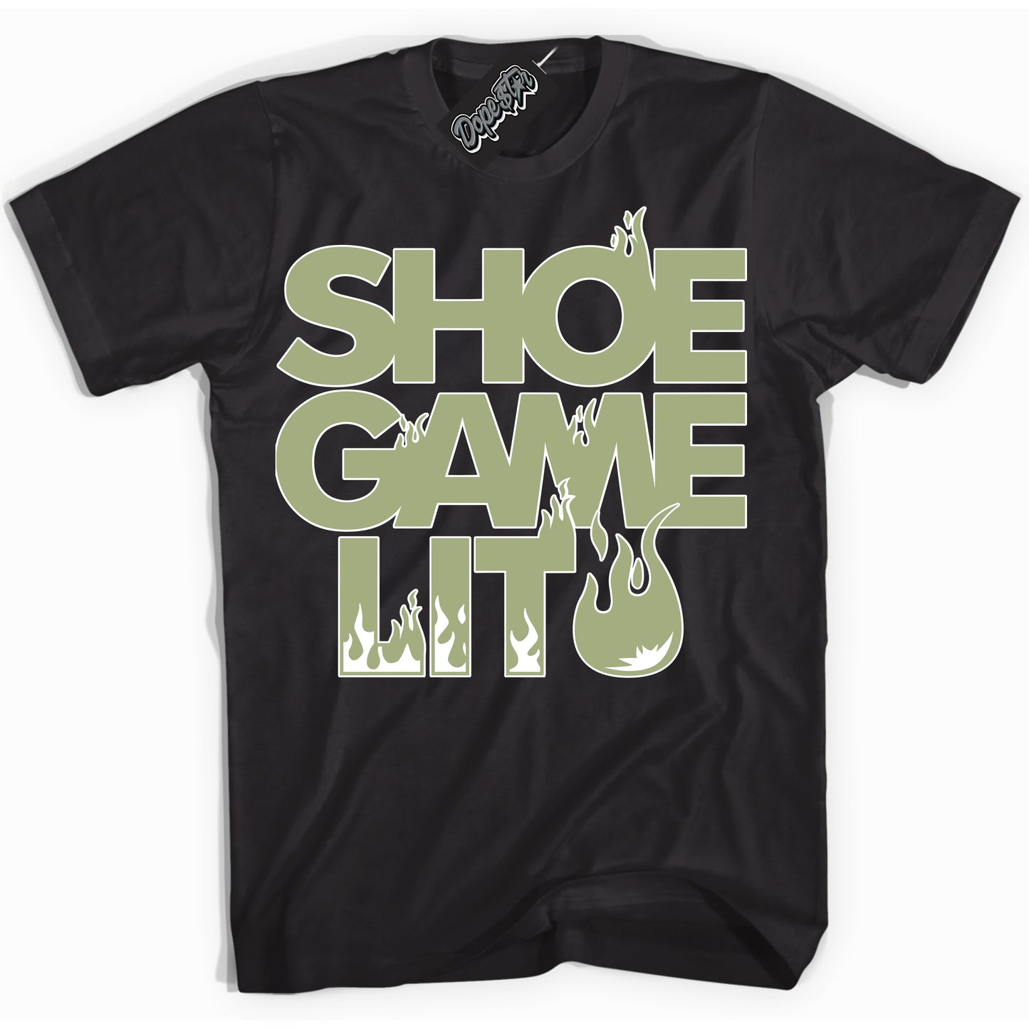 Cool Black Shirt with “Shoe Game Lit” design that perfectly matches Safari Oil Green Dunk.