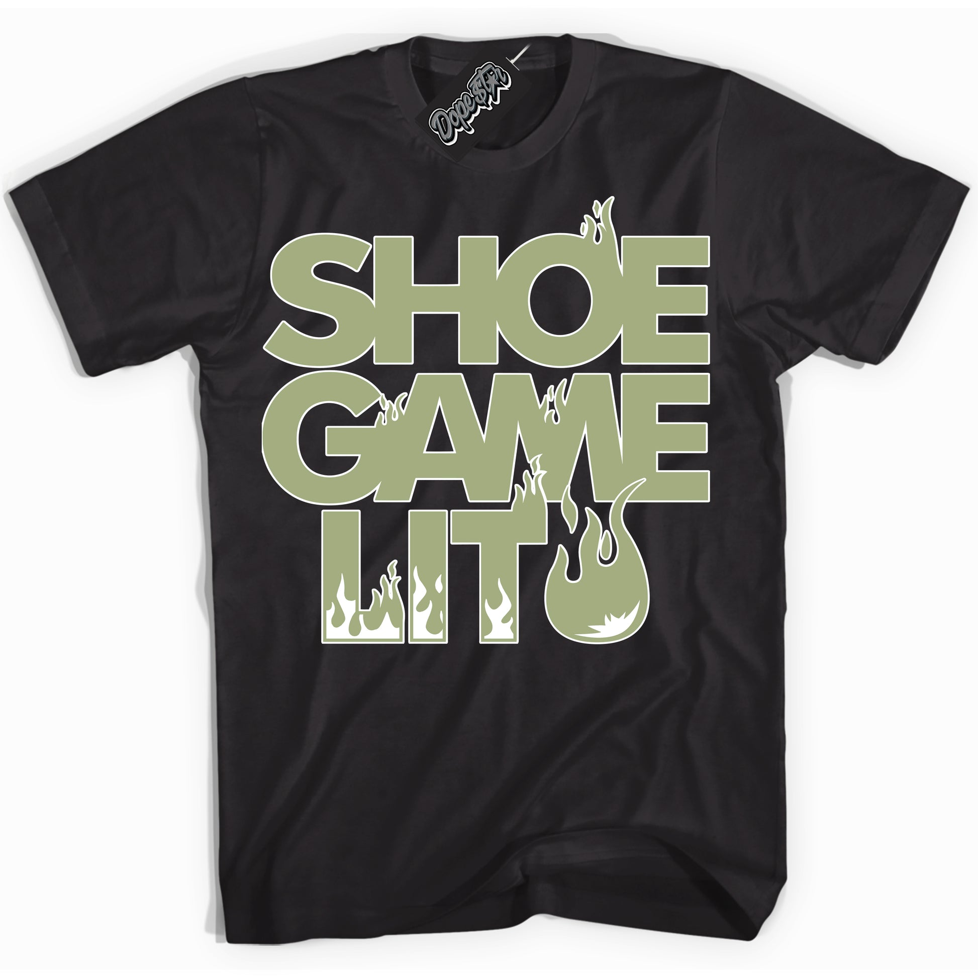 Cool Black Shirt with “Shoe Game Lit” design that perfectly matches Safari Oil Green Dunk.