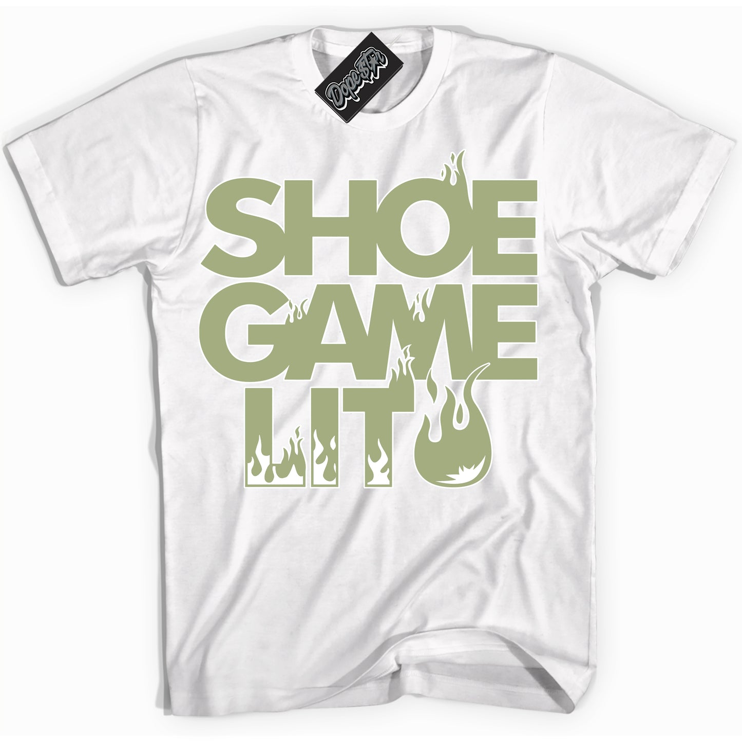 Cool White Shirt with “Shoe Game Lit” design that perfectly matches Safari Oil Green Dunk.