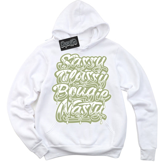 Cool White Hoodie with “Sassy Classy” design that Perfectly Matches Safari Oil Green Dunk.