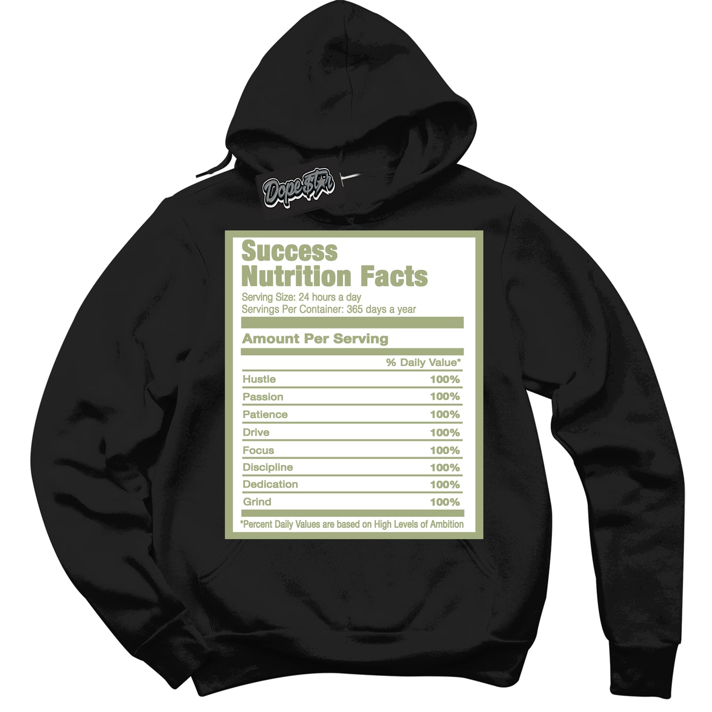 Cool Black Hoodie with “Success Nutrition” design that Perfectly Matches Safari Oil Green Dunk.