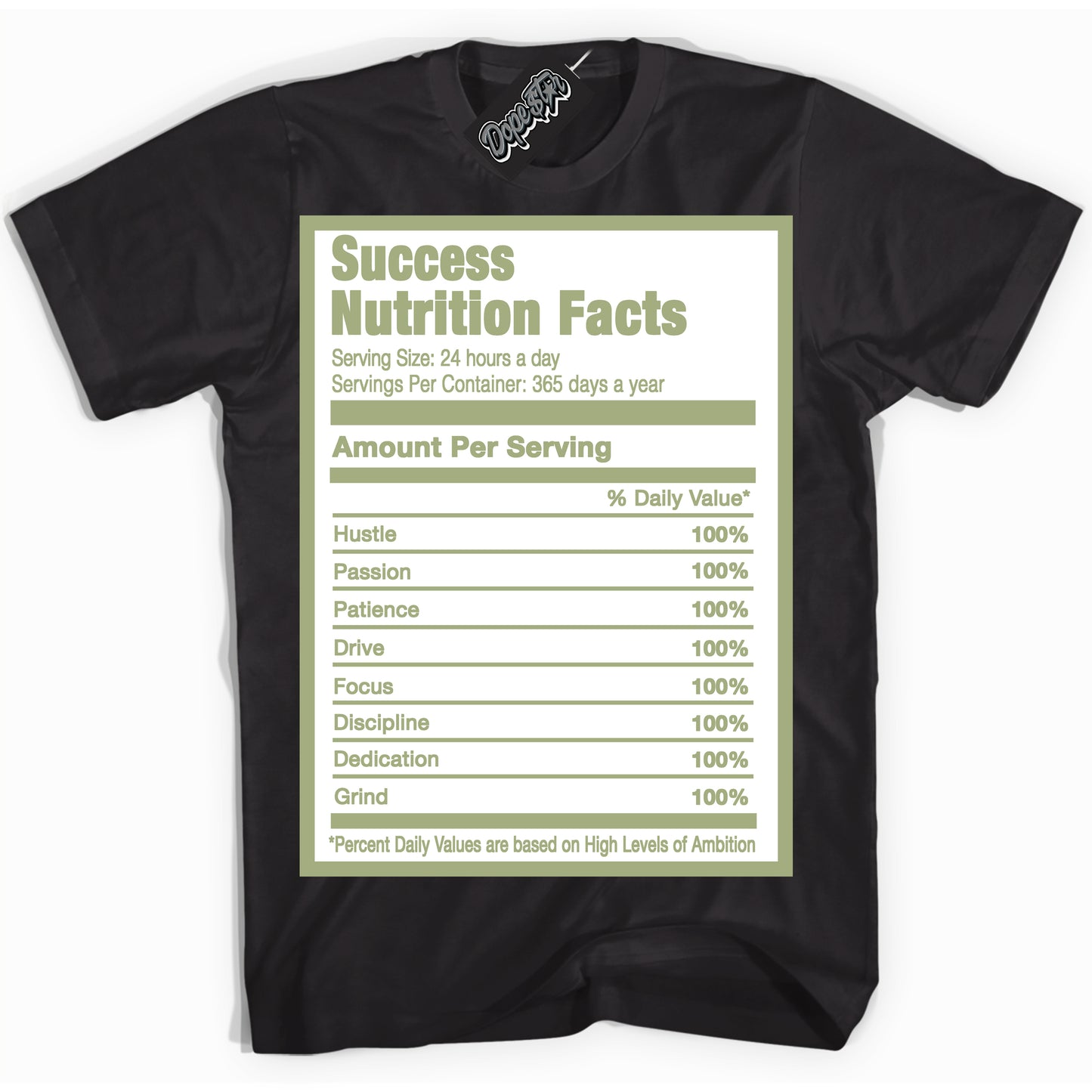 Cool Black Shirt with “Success Nutrition” design that perfectly matches Safari Oil Green Dunk.