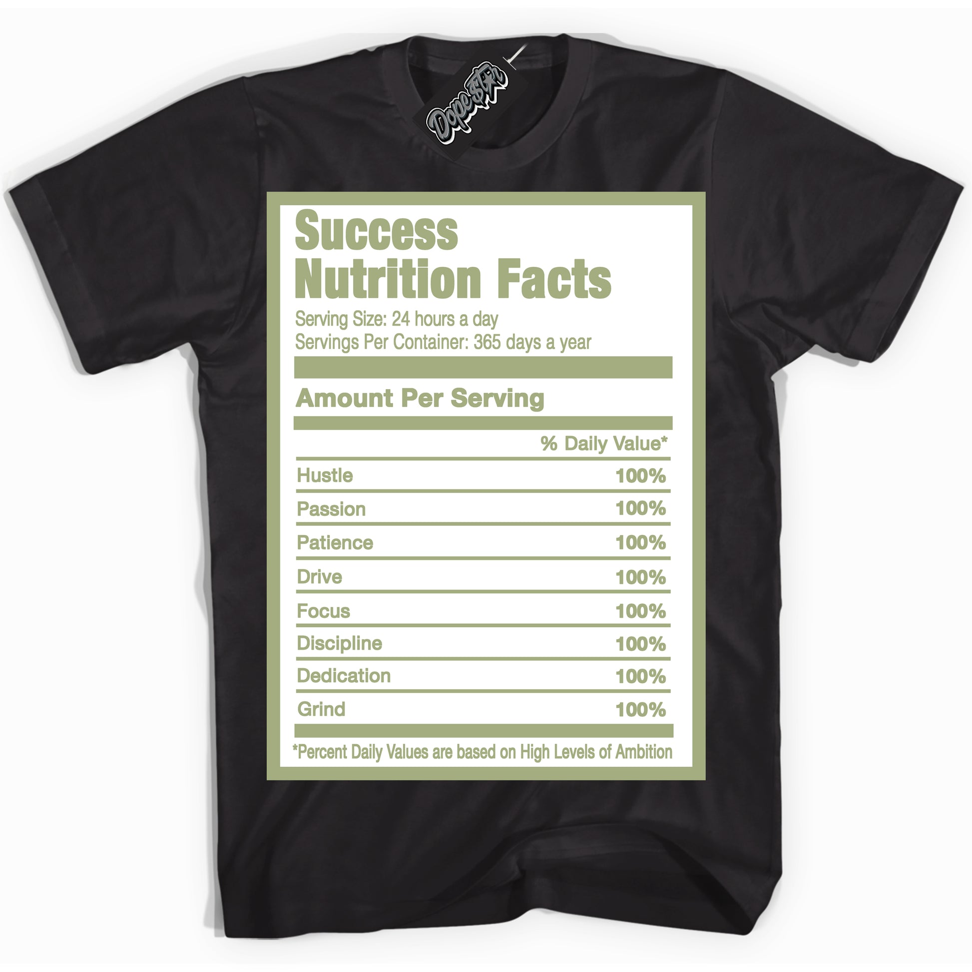 Cool Black Shirt with “Success Nutrition” design that perfectly matches Safari Oil Green Dunk.
