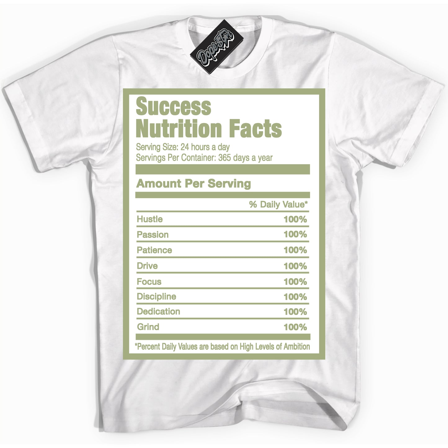 Cool White Shirt with “Success Nutrition” design that perfectly matches Safari Oil Green Dunk.