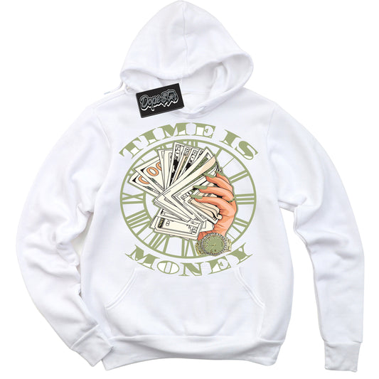 Cool White Hoodie with “Time Is Money” design that Perfectly Matches Safari Oil Green Dunk.