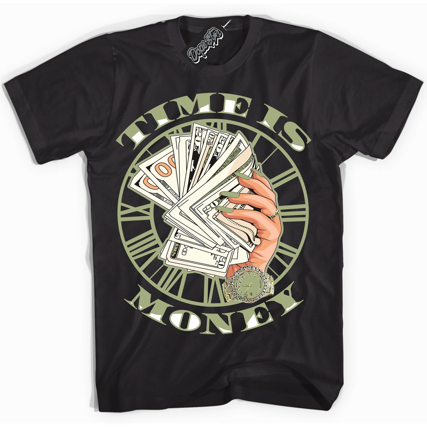 Cool Black Shirt with “Time Is Money” design that perfectly matches Safari Oil Green Dunk.