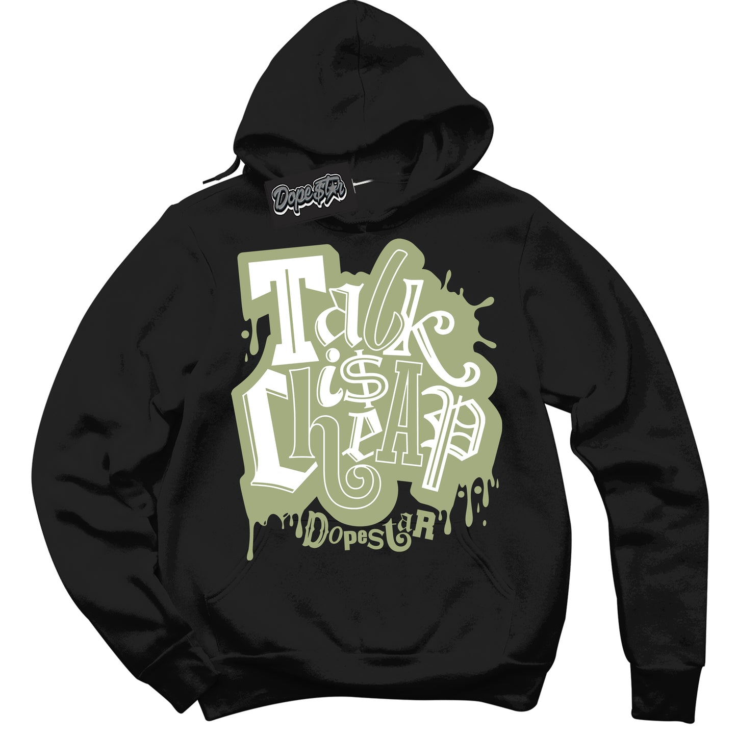 Cool Black Hoodie with “Talk Is Cheap” design that Perfectly Matches Safari Oil Green Dunk.
