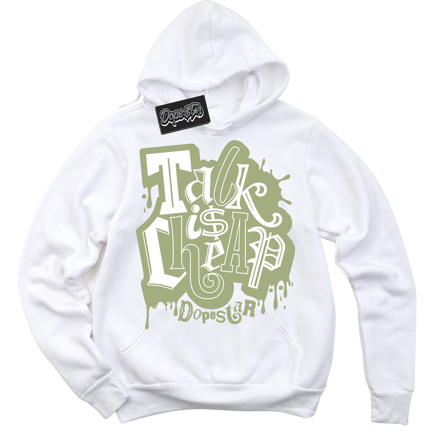 Cool White Hoodie with “Talk Is Cheap” design that Perfectly Matches Safari Oil Green Dunk.