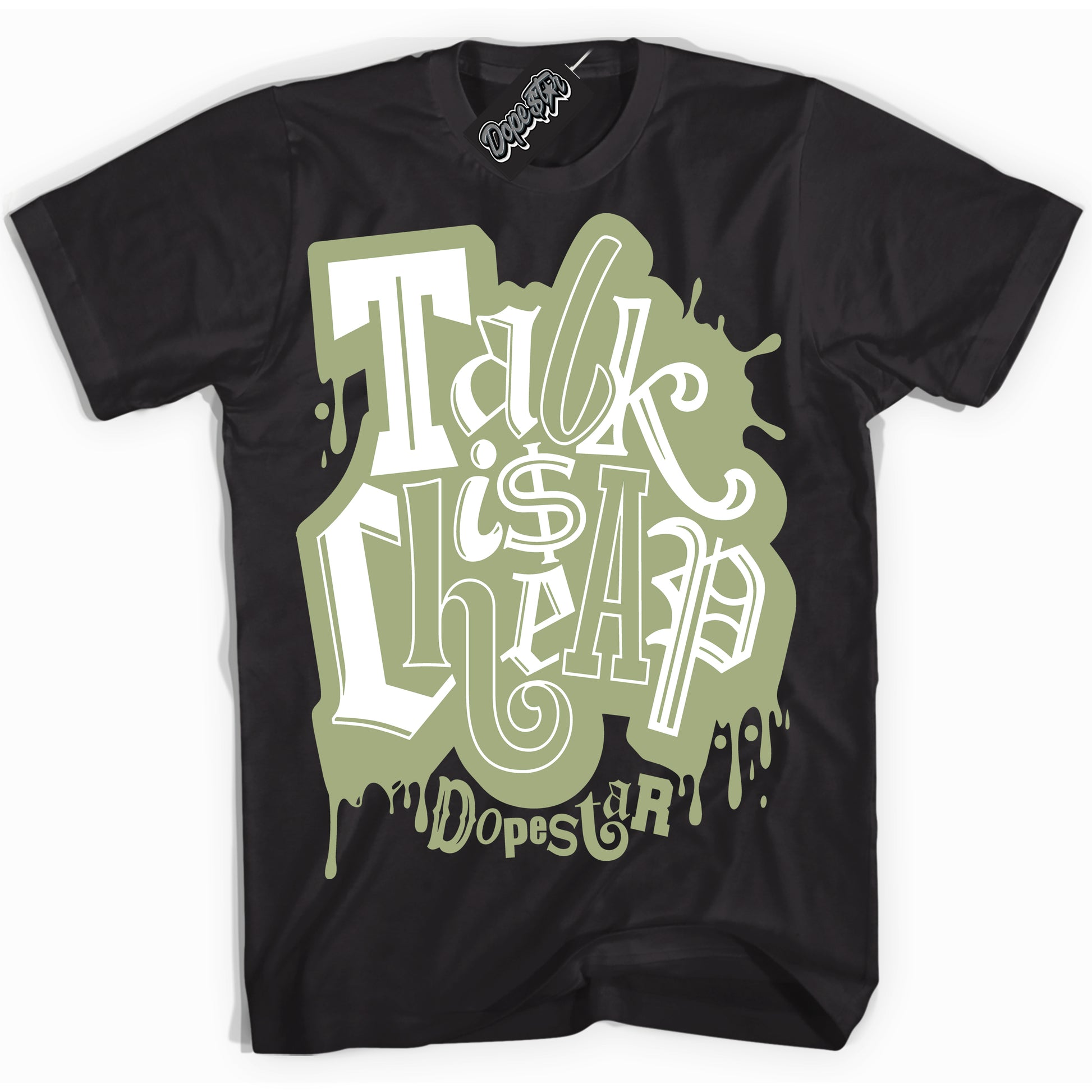 Cool Black Shirt with “Talk Is Cheap” design that perfectly matches Safari Oil Green Dunk.
