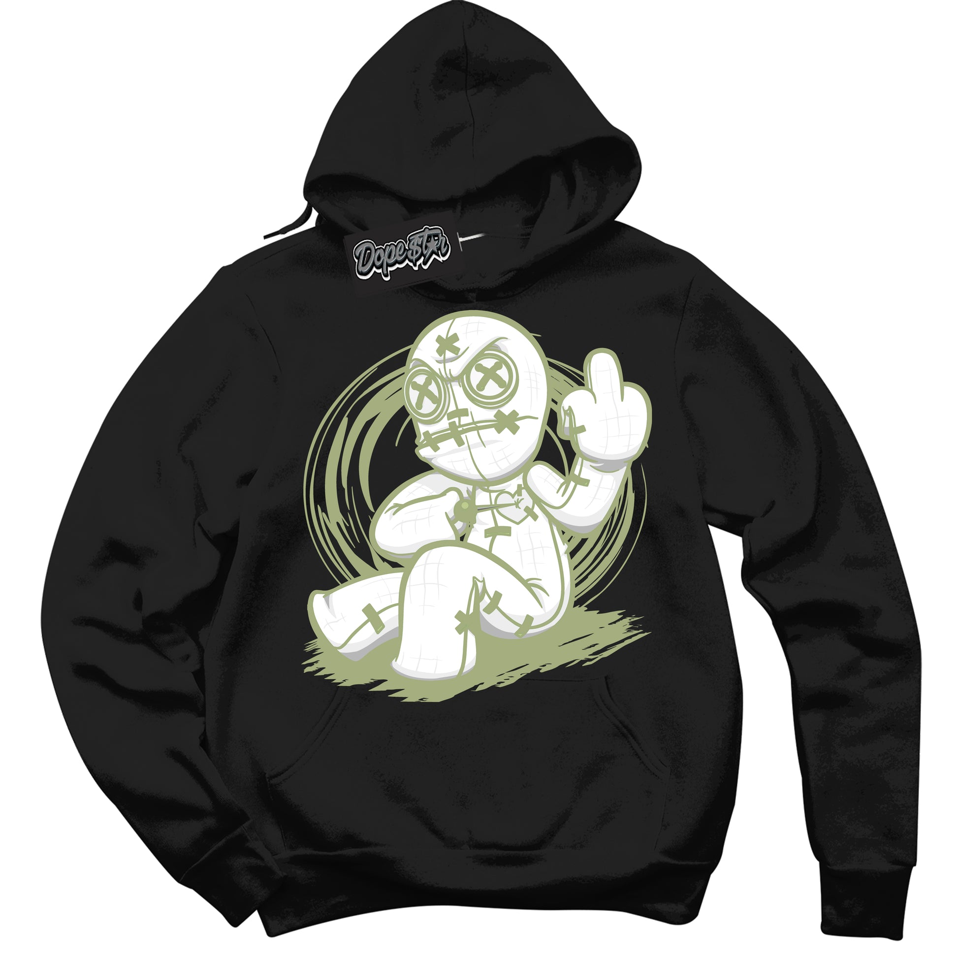 Cool Black Hoodie with “Voodoo Doll” design that Perfectly Matches Safari Oil Green Dunk.