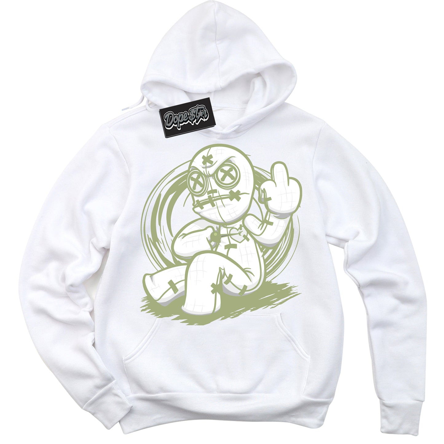 Cool White Hoodie with “Voodoo Doll” design that Perfectly Matches Safari Oil Green Dunk.