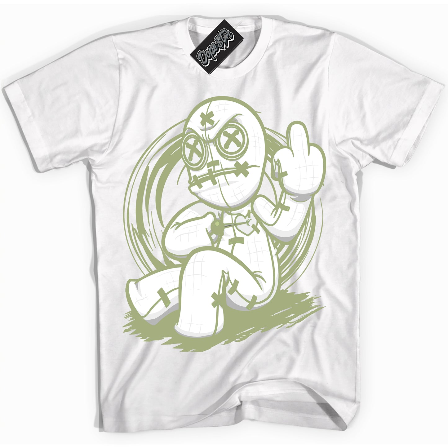 Cool White Shirt with “Voodoo Doll” design that perfectly matches Safari Oil Green Dunk.