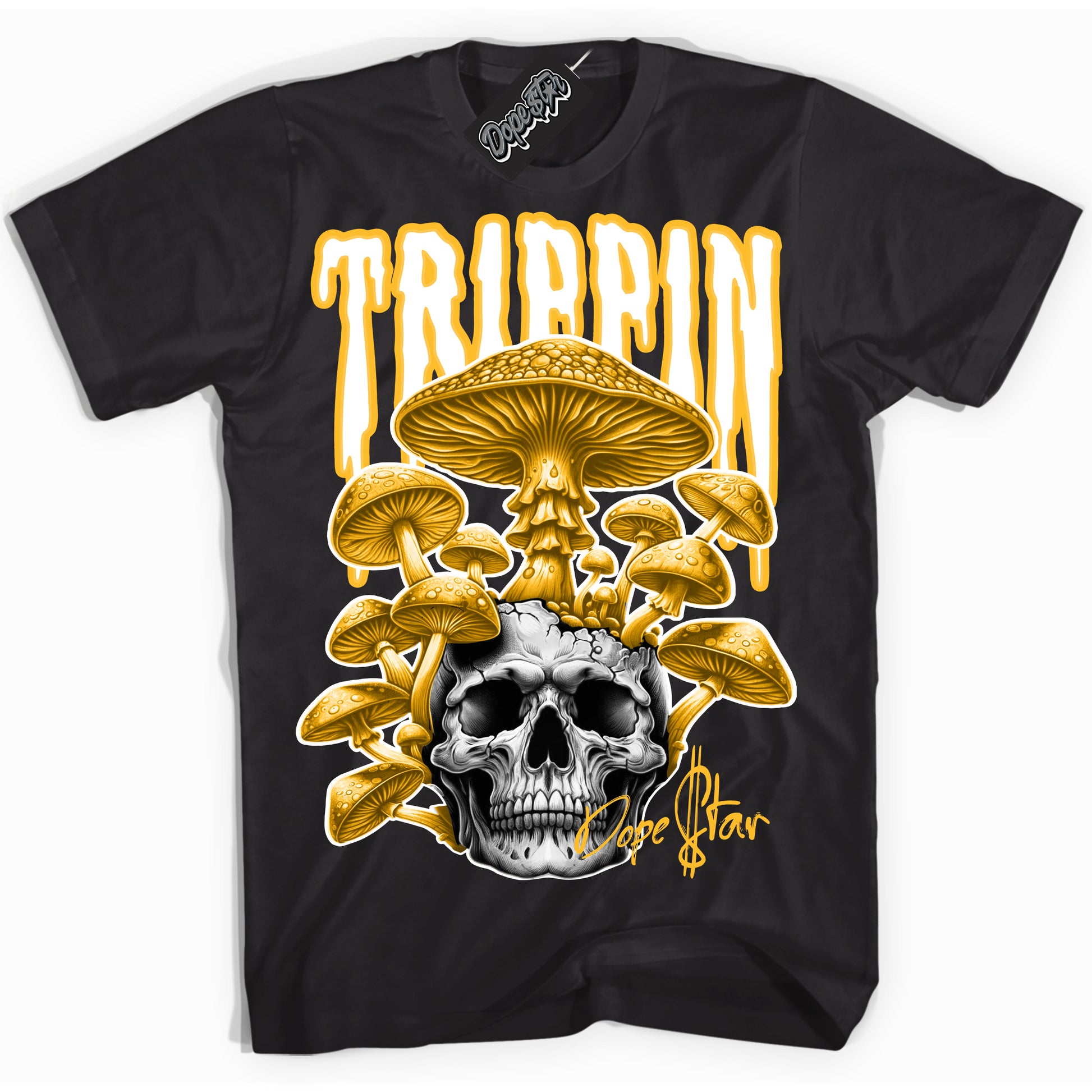 Cool Black Shirt with “Trippin” design that perfectly matches White University Gold Dunk.