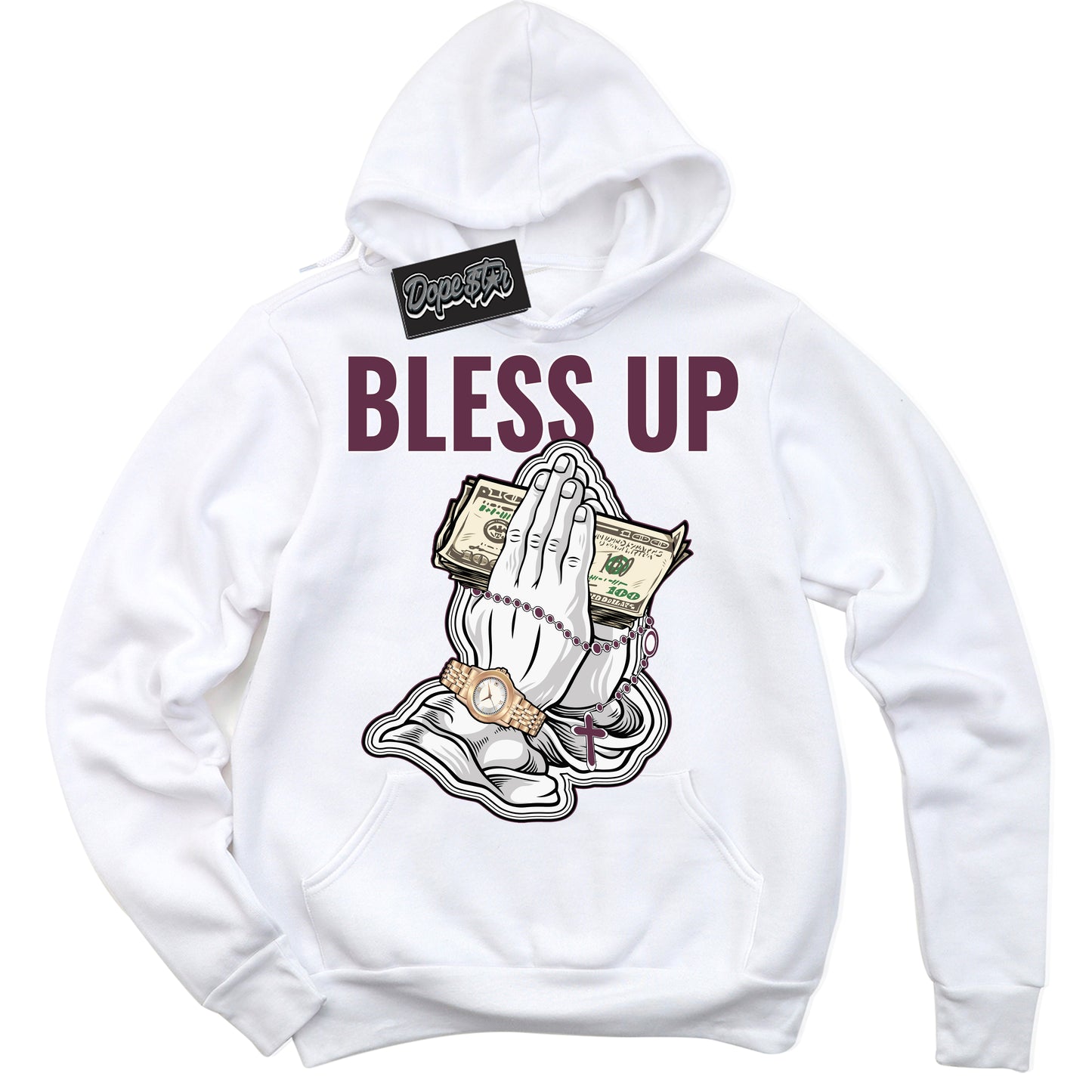 Cool White Hoodie with “Bless Up” design that Perfectly Matches White Viotech Dunks.